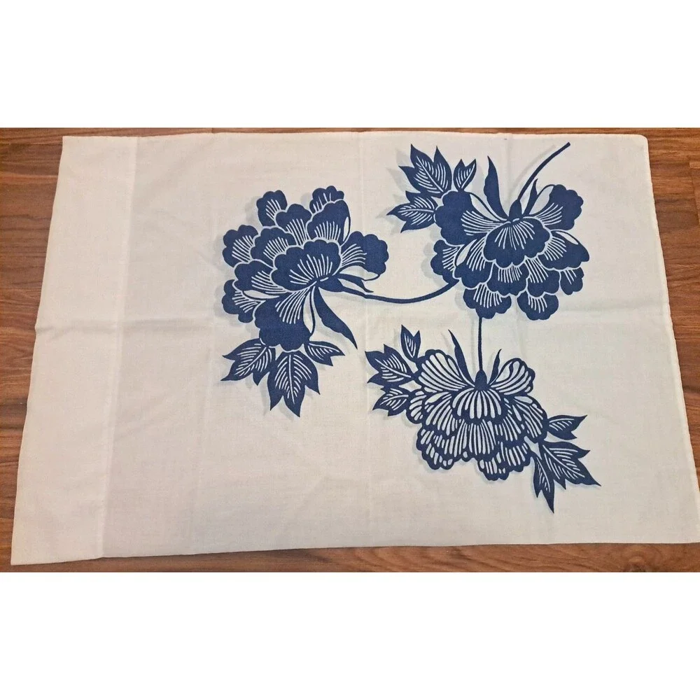 Navy Blue Lotus Flower Pillowcases Standard Floral Cottage Boho Retro Chic
